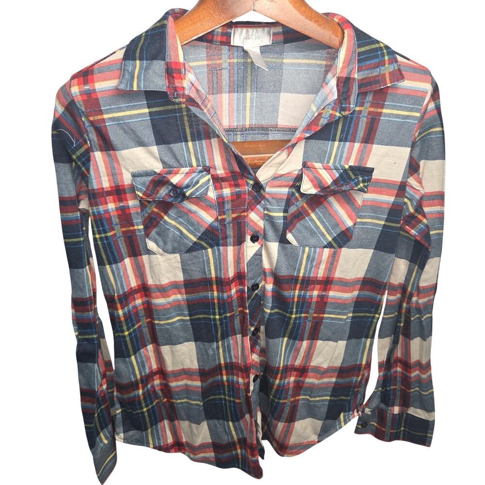 Just Be Plaid Flannel Button Up Shirt Long Sleeve Pocket Top Multicolor Size L